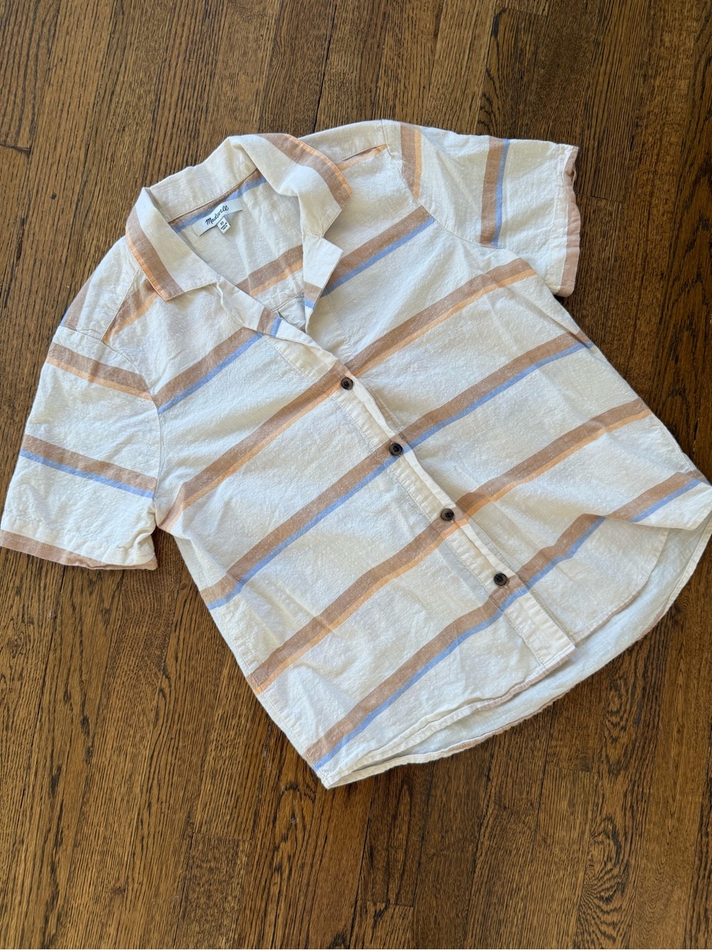 Madewell Cream Short-Sleeve Button-Up with Tan & Light Blue Stripes